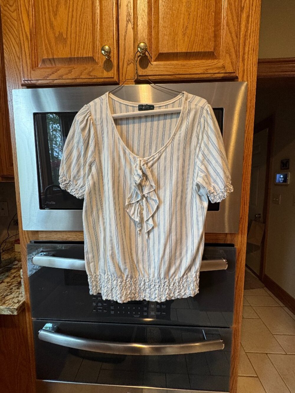 LRL Lauren Jeans Ralph Lauren Ruffle Pullover Peasant Top Boho Blue & White PL